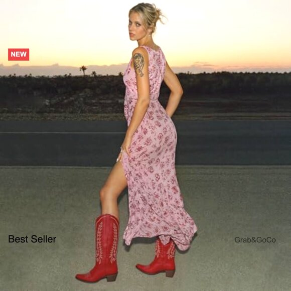 Embroidered Western Knee High Boots Pointed Toe Chunky Heel Cowgirl Tall Boots - Picture 2 of 7